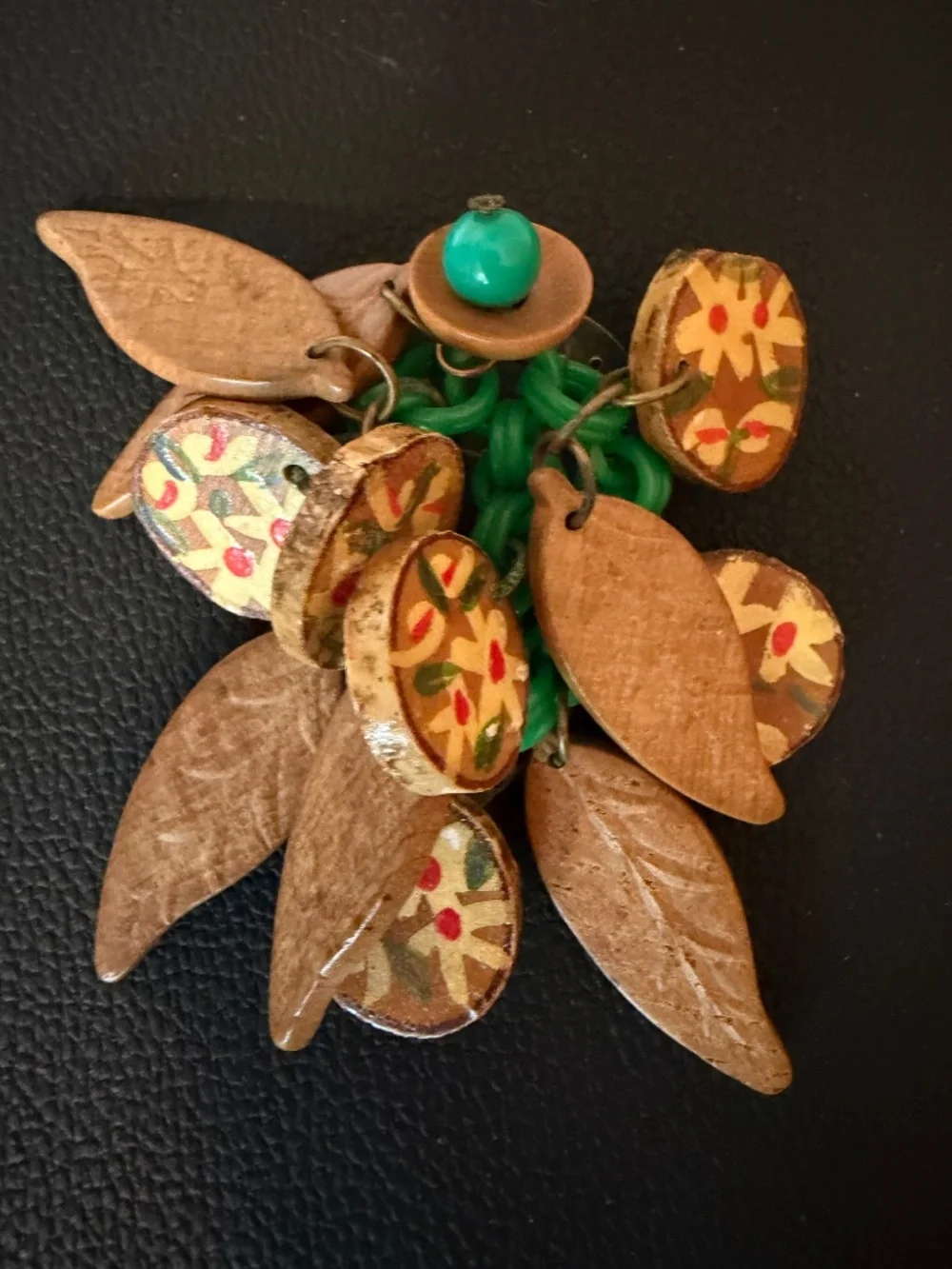 Vintage Brooch with Carved Wooden Leaves & Floral Painted Wooden Charms